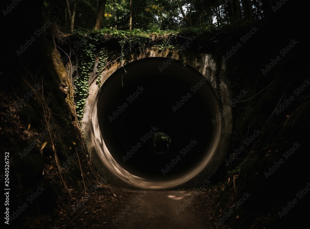 Fototapeta premium Dark concrete tunnel entrance in dense forest. Overgrown vines cover concrete wall. Path leads to black hole, mystery beckons. Natural scene, woodland mystery.