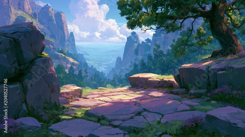Fantasy mountain landscape with stone path