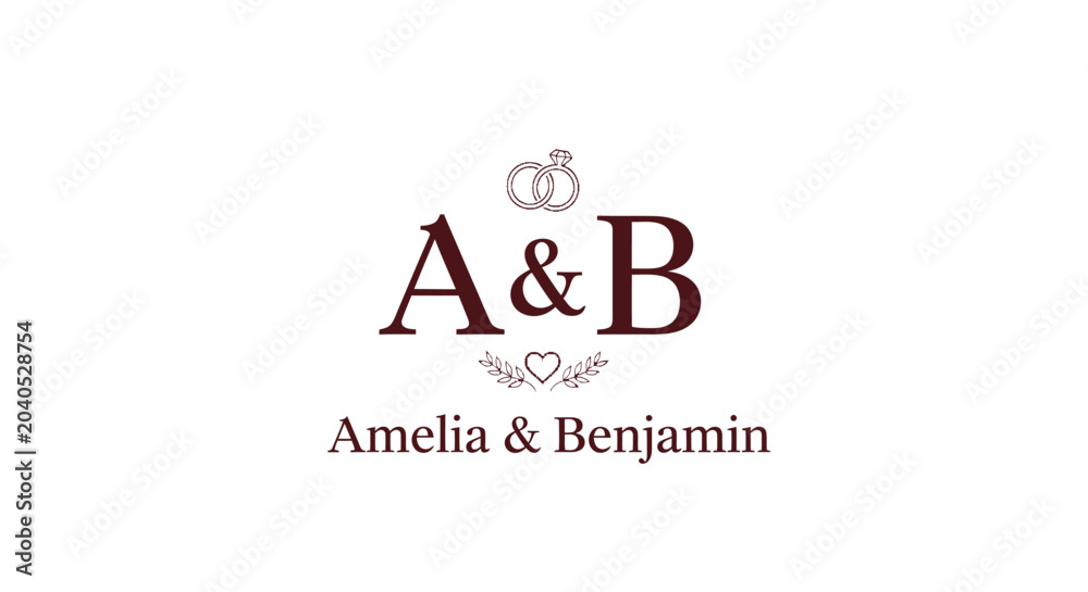 Obraz premium Elegant A and B Monogram with Crown and Hearts for Wedding or Couple Branding.