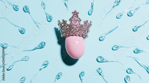 An egg in a crown surrounded by sperm symbolizes fertilization, conception, and reproduction