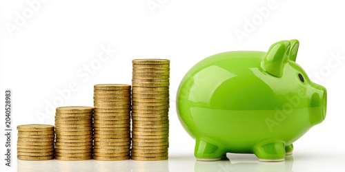 Green piggy bank and growing coin stacks