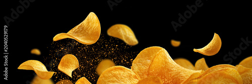 Banner with crispy chips in flight.