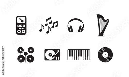 Quadro em tela Digital music technology icons set featuring headphones harp vinyl record and keyboard controller