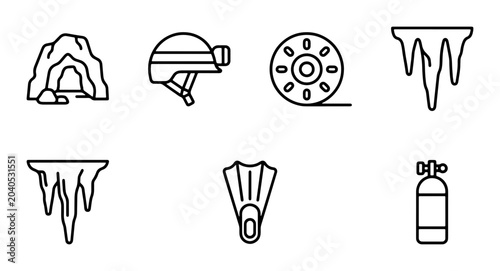 Foto Speleology Equipment Icons: Cave, Helmet, Rope, Icicles, Fins, Oxygen Tank