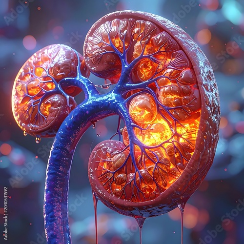 A glowing, anatomically detailed illustration of a kidney with ureter
