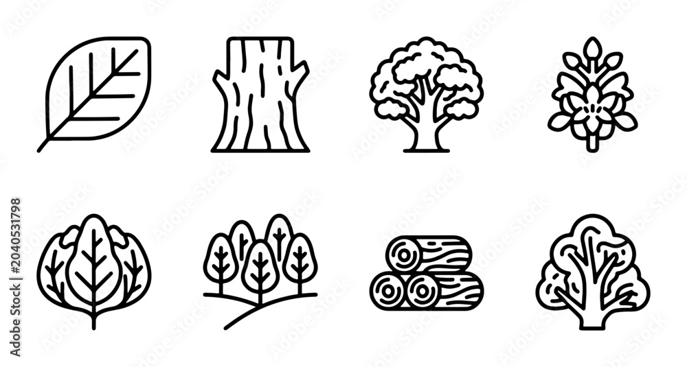 Fototapeta premium Nature Icons Set: Leaf, Tree Stump, Forest, Wood Logs, Plants, Vector Graphics