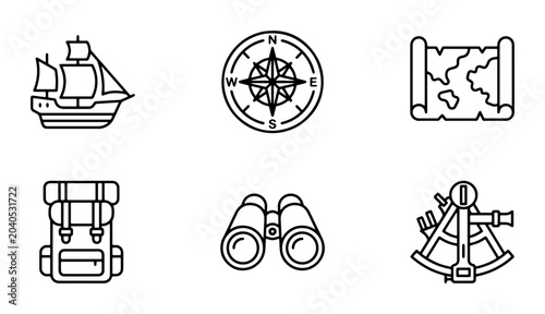 Bild auf Leinwand Nautical Adventure Icons: Vintage Ship, Compass, Map, Backpack, Binoculars, Sext