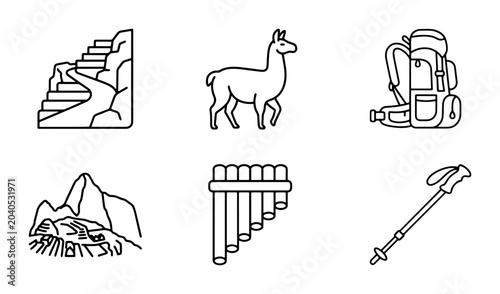 Fotografie Peruvian Icons: Machu Picchu, Llama, Backpack, Mountains, Pan Flute, Trekking Po