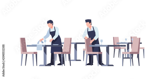 Restaurant staff preparing tables for service.