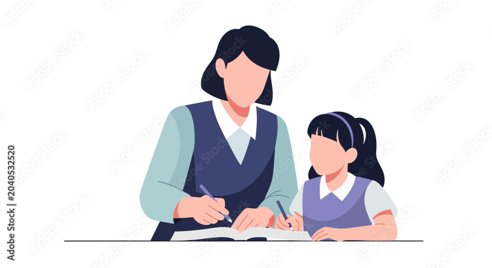 Obraz premium Teacher helping student with schoolwork at a desk.