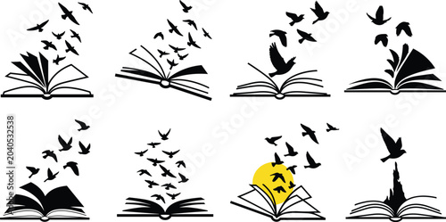 Photos Open Book with Flying Birds Silhouette Vector Icon Set Featuring Pages Turning i