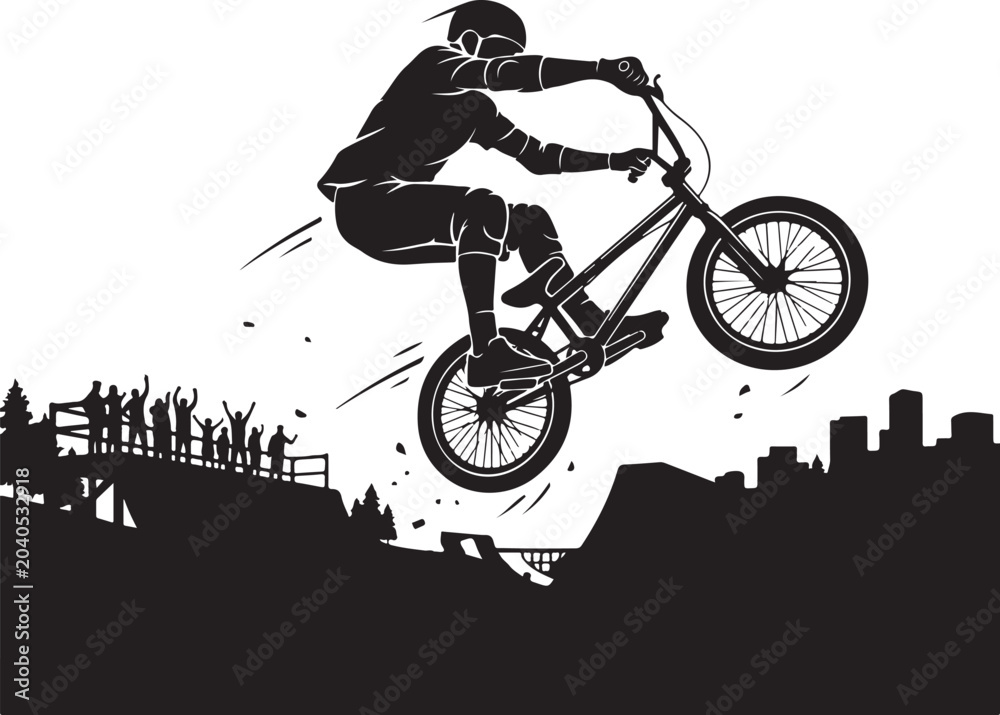 Fototapeta premium Black, silhouette BMX rider, jumping bike, city skyline, motion graphics