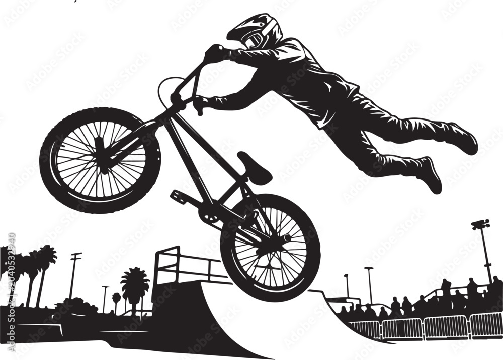 Fototapeta premium BMX rider, bicycle stunt, black silhouette, skate park, extreme sports vector