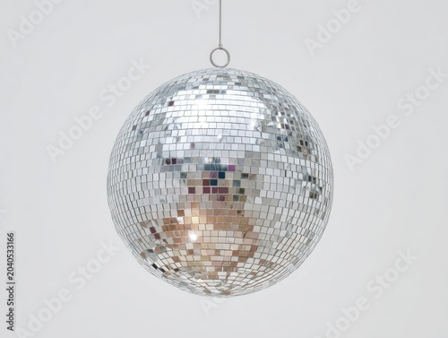 A Classic Disco Ball Reflecting Light Against a Neutral Background.