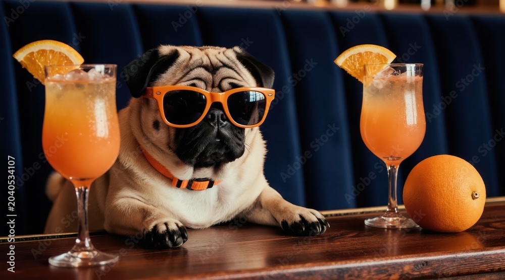 Obraz premium Pug dog wears orange sunglasses. Dog rests near two cocktails and orange fruit. Dog sits at bar counter with navy blue background. Cool doggy enjoys vacation vibes and refreshing drinks.