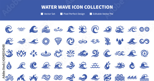 Bild auf Leinwand Water Wave Icon Collection with Ocean Splash Ripple and Fluid Nature Symbols for