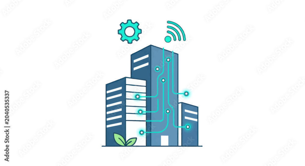 Obraz premium Smart City Technology: Connected Buildings with IoT, Wi-Fi, and Green Energy Icons