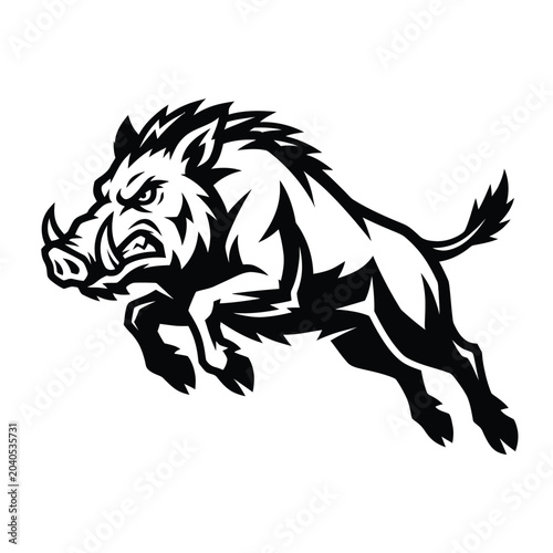 Black boar running with aggressive expression.