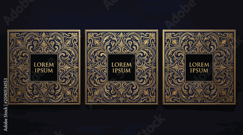 Canvastavla Set of three luxury square panels with gold ornate floral patterns on dark backg