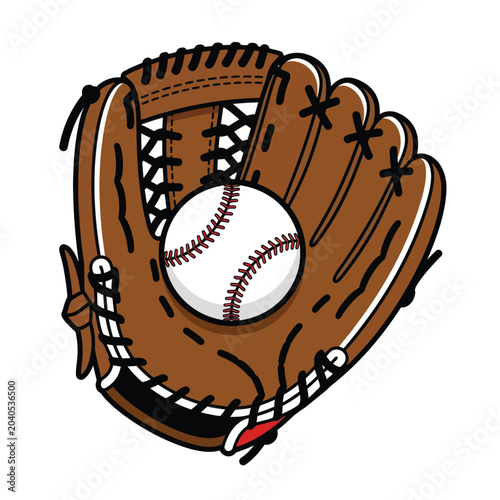 Brown leather baseball glove with ball.