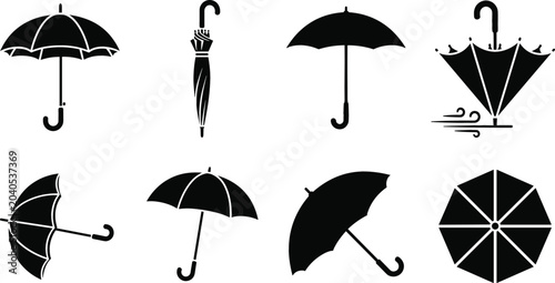 Canvastavla Umbrella Silhouette Vector Icon Set with Open Closed and Wind Blown Rain Protect