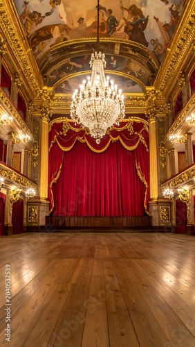A grand, ornate theater with a red curtain and chandelier