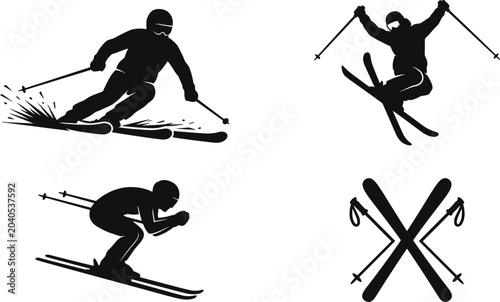 Foto Alpine Skiing Winter Sport Silhouette Icon Set with Crossed Ski Poles and Extrem