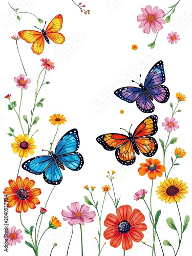 Whimsical hand-drawn design featuring colorful butterflies amidst lush wildflowers on a crisp white background, pastel, dreamy