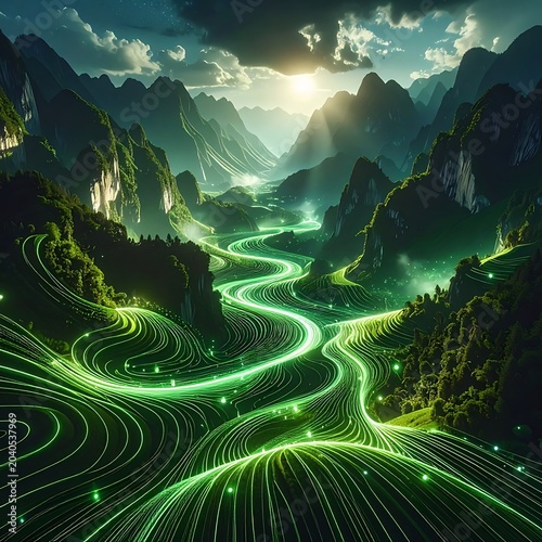 A glowing green river winds through a futuristic mountain valley landscape