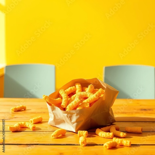 Crunchy snack in paper bag on wooden table amidst sunny yellow background, ||grocery shopping, yummy