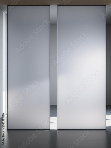Foggy glass panels obscure the view into a gray room, glass, gray