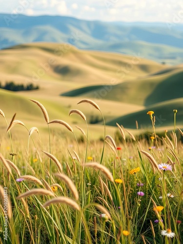Gently swaying grasses and wildflowers dance in the spring breeze amidst rolling hills, ||mountains, panoramic