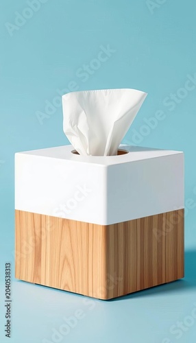 Modern tissue box with wood base and white top on light blue background, hygienic storage, tissue box