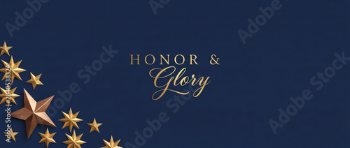 Honor and Glory gold text on elegant navy blue background with 3D golden stars decorative border, luxury award ceremony banner design, premium military veteran appreciation card template.
