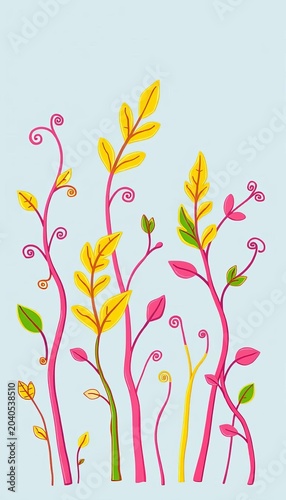 Whimsical doodles of stems and leaves with playful twists, illustration, twist