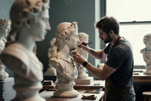 Artisan works on marble bust detail. Sculptor carefully carves classical statue in studio. Artist uses tools for fine work on ancient artifact. Museum conservator restores artwork.