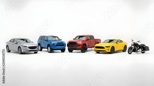 Diverse Lineup of Modern Vehicles on a Clean White Background Evolution of Transportation: From Compact Sedan to Heavy Duty Tractor Comprehensive Fleet of Commercial, Personal, and Agricultural Vehi
