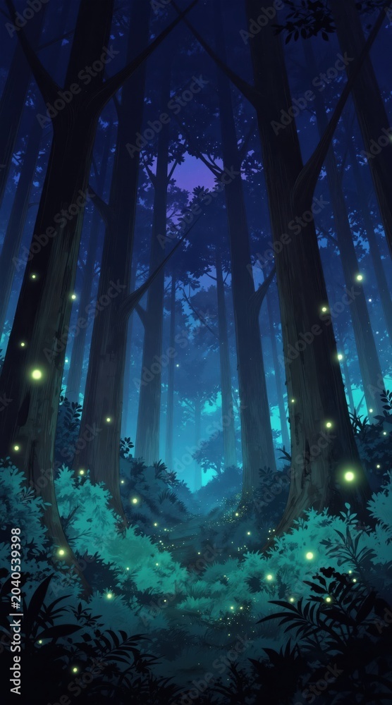 Obraz premium Enchanted forest at night with glowing fireflies lighting winding path. Tall trees, rich foliage create magical, mysterious atmosphere. Sense of wonder, fantasy pervades this serene woodland scene.
