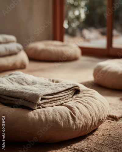 A folded linen blanket resting on a round floor cushion in a warm minimalist meditation space.