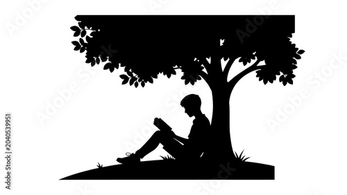 Black silhouette of a man sitting under a tree, reading a book, vector illustration