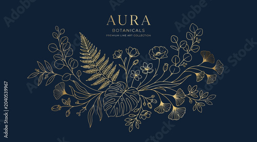 Aura botanicals premium line art, gold floral bouquet with ferns and leaves on dark blue background, elegant vector illustration for luxury branding and design