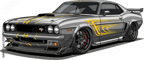 Custom Silver Muscle Car Yellow Graphics Vector Illustration Front 3/4 View