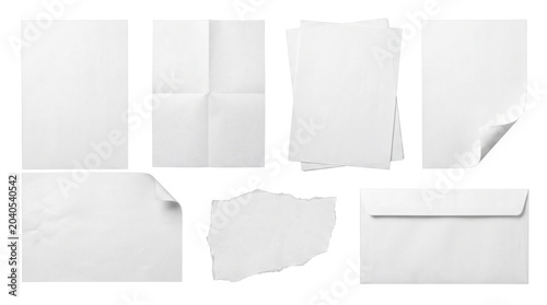 Konstfotografi Blank white paper sheets and envelope on black background