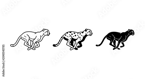 Photography Running Cheetah Vector Icons, Wild Cat Silhouette Collection, Speed and Agility