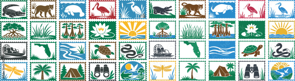 Obraz premium Everglades National Park Wildlife Stamp Set Florida Nature Conservation Collectible