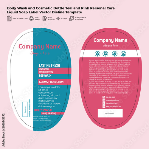 Body Wash and Cosmetic Bottle Teal and Pink Personal Care Liquid Soap Label Vector Dieline Template