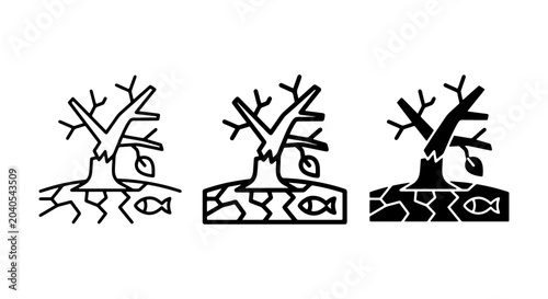 Fotografía Drought Icons: Barren Tree, Cracked Earth, Dead Fish, Environmental Crisis Vecto