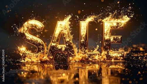 A golden sale sign with sparks