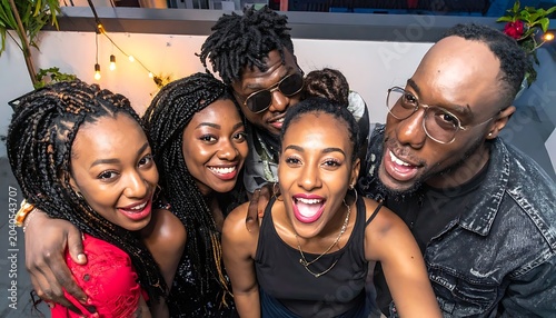 A group of five young adults smiling and posing