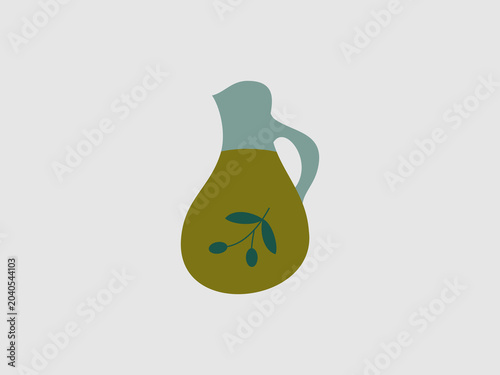 A ceramic or glass jug filled with golden olive oil or juice